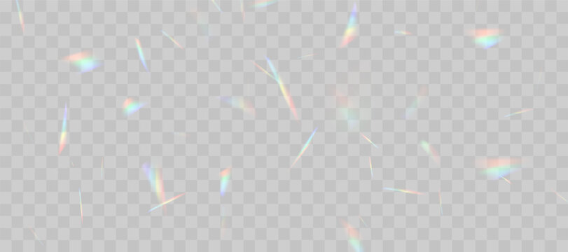 Blurred rainbow refraction overlay effect. Light lens prism effect on transparent background. Holographic reflection, crystal flare leak shadow overlay. Vector abstract illustration.