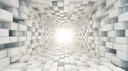 A mosaic of many white cubes in perspective in the form of a tunnel stretching to infinity.