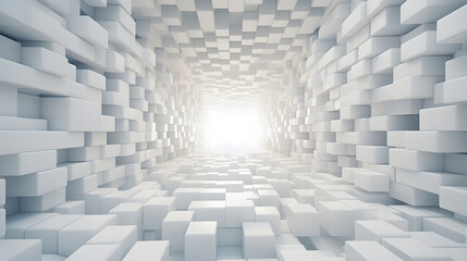 A mosaic of many white cubes in perspective in the form of a tunnel stretching to infinity.
