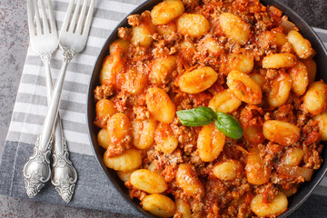 Hot Potato gnocchi with traditional Bolognese sauce and Parmesan cheese closeup on the plate on the...