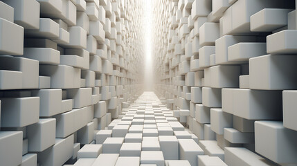 A mosaic of many white cubes in perspective in the form of a tunnel stretching to infinity.