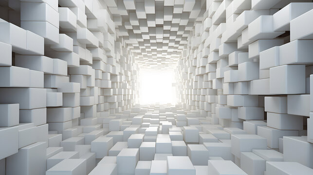 A mosaic of many white cubes in perspective in the form of a tunnel stretching to infinity. © Sticker