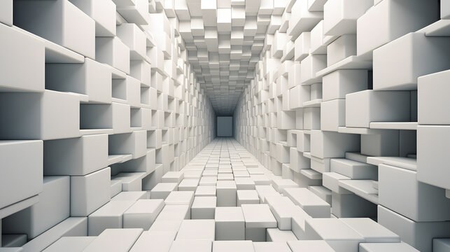 A mosaic of many white cubes in perspective in the form of a tunnel stretching to infinity. © Sticker