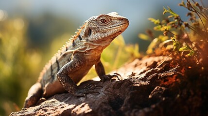 Obraz premium close up horizontal view of a lizard in the sunlight AI generated