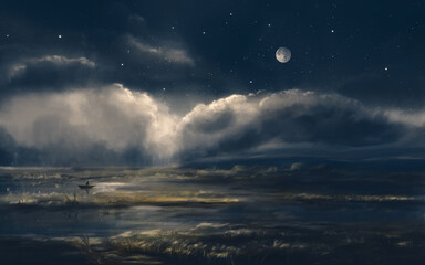 Fisherman in boat silhouette on pond landscape with high grass and cloudy night moon sky. Digital hand painting