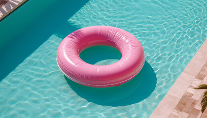 Fototapeta na wymiar Colorful swim ring in pool top view, Rubber coloful pink inflatable tire in modern swimming pool. Summer Holiday concept design. Resort,toys,beach