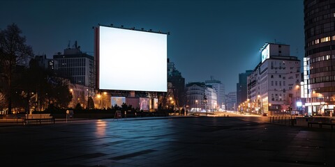 A large blank advertising billboard in a night-time urban setting with city lights and buildings