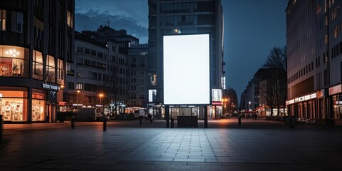 A large blank advertising billboard in a night-time urban setting with city lights and buildings - obrazy, fototapety, plakaty