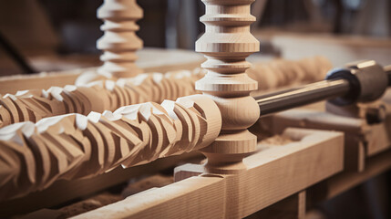 Manufacturing wooden stair balusters using a lathe - obrazy, fototapety, plakaty
