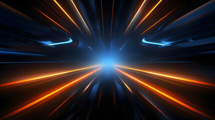 Beautiful abstract futuristic dark background with neon blue and orange glow.
