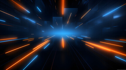 Beautiful abstract futuristic dark background with neon blue and orange glow.