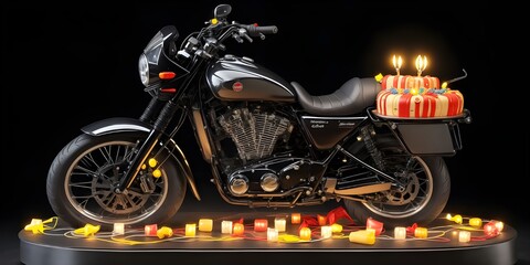 Motor Bike design Birthday cake with candles on it, celebration decorative lights, with copy space,...