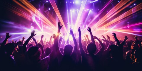 Crowd on a concert with hands raised, colorful light beams