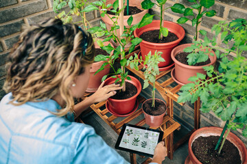 Young woman using gardening app with artificial intelligence to care plants of her urban garden on terrace of residential apartment