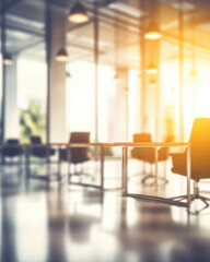 Fototapeta premium Blurred workplace, office in the morning, interior for business presentation background