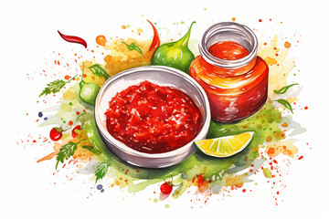 Watercolor Mexican salsa sauce with vegetables and herbs on white background. Traditional Latin American, Mexican food, cuisine.  - obrazy, fototapety, plakaty