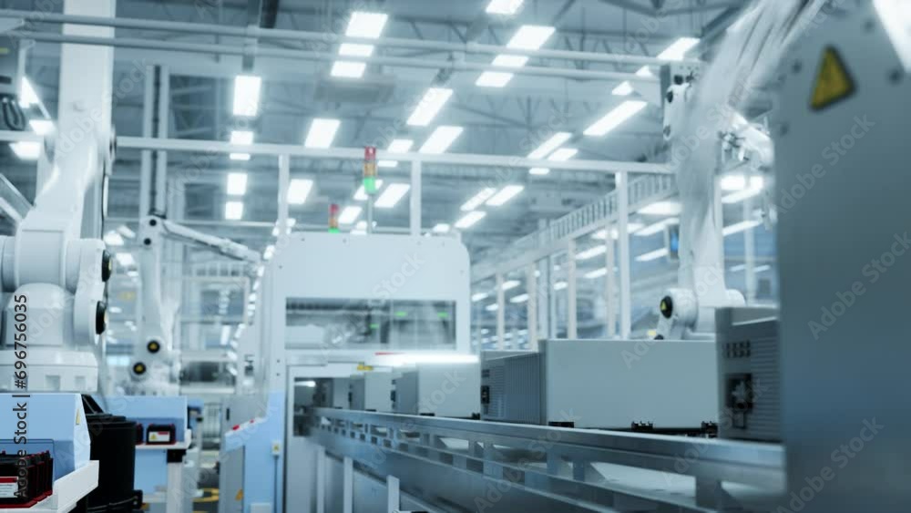 Poster Electronics Components Manufacture: Automated Robotic Arm Assembly Line Producing Advanced High-Tech Sustainable Parts for Construction Industry, Heavy Machinery, Information Technology Facilities