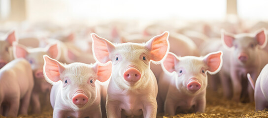 Farm with pigs and piglets on white background, banner - obrazy, fototapety, plakaty