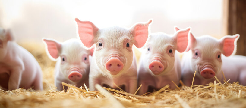 A group of small piglets on a white background on hay