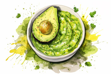 Watercolor guacamole with avocado on white background. Traditional Latin American, Mexican food, cuisine. 