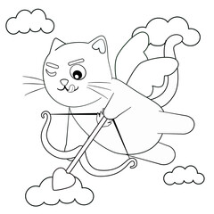 Kawaii pink cat cupid character with a bow and wings, flying and aiming his arrow in the sky. Valentine's Day coloring page