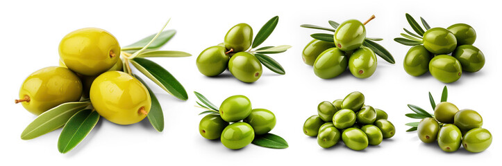 Collection of delicious green olives with leaves, isolated on transparency background, PNG
