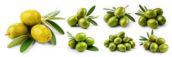Tuinposter Collection of delicious green olives with leaves, isolated on transparency background, PNG  © kimly