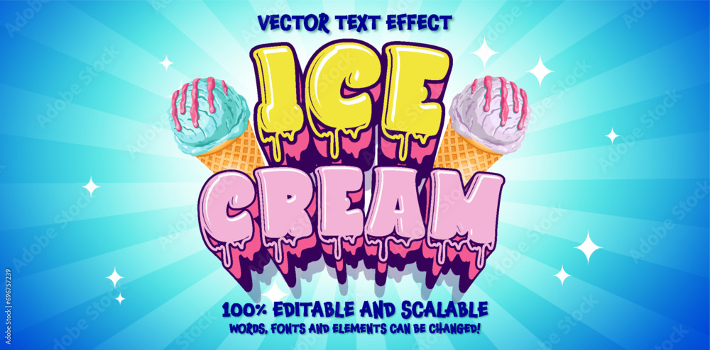 Wall mural Editable text effect Ice Cream logo 3d Cartoon Cute template style premium vector