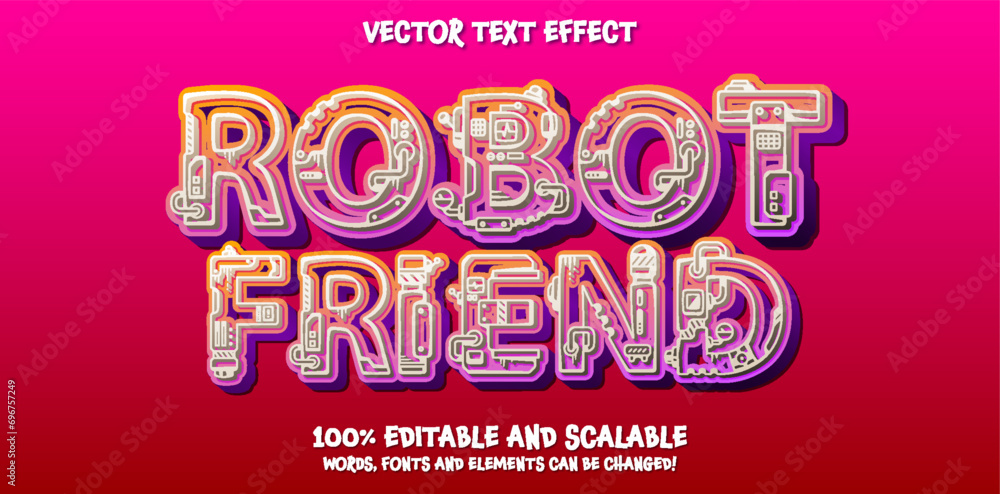 Poster editable text effect tech robot friend 3d cartoon template style premium vector