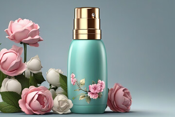 Captivate with realistic 3D perfume container. Deodorant adorned with flowers for branding, advertising. Embrace fragrance, femininity in this scent-themed ad.