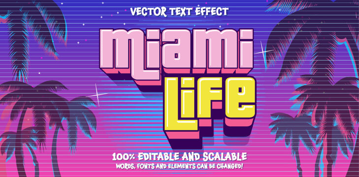 Outrun Synthwave style - 1990s retro aesthetic with palm trees and tropical sunset in pink and blue. Art deco font Retro geometric design