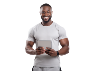 Smiling fitness instructor holding tablet, cut out