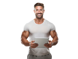 Smiling fitness instructor holding tablet, cut out