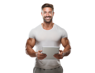 Smiling fitness instructor holding tablet, cut out