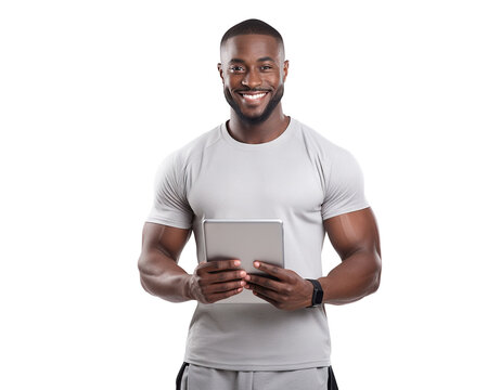 Smiling fitness instructor holding tablet, cut out