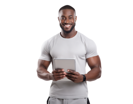 Smiling fitness instructor holding tablet, cut out - Powered by Adobe