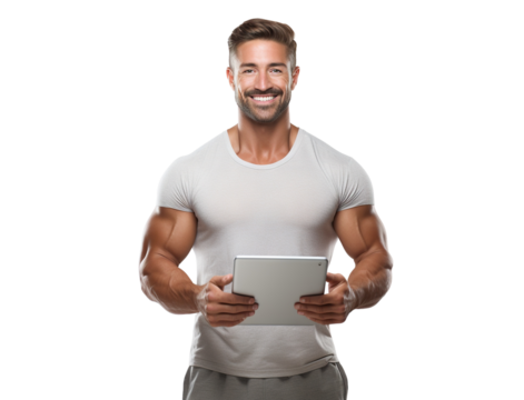 Smiling fitness instructor holding tablet, cut out
