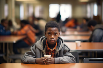 The pain and fear as a 12-year-old African American boy sits alone at a lunch table in the school cafeteria, surrounded by empty chairs - obrazy, fototapety, plakaty