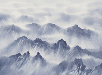 Mountain panorama in the mist watercolor background