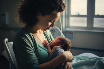 An intimate image showcasing a new mom of biracial background and her cute newborn snuggled together in the hospital's delivery room, radiating the joy and connection of early motherhood. - Powered by Adobe