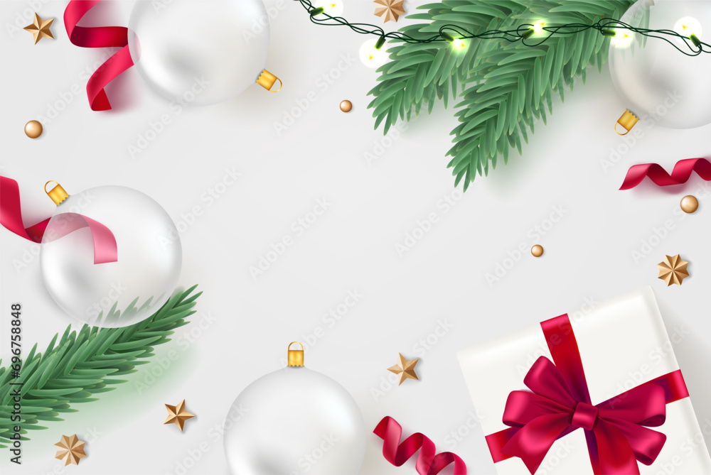 Poster christmas flat lay background with copy space. 3d vector illustration