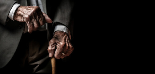 A poignant image of an elderly European man, his hand leaning on a cane for support due to leg pain, reflecting the challenges of aging, copy space