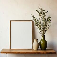 Textured vase with olive tree branches on a wooden shelf. Monotone wall background with copy space, blank, frame. Mediterranean interior inspiration.