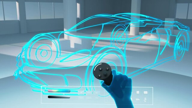 Automotive Engineer Using a VR Software to Design a Modern Electric Vehicle Platform in a Digital Interactive Environment. Engineer Using a POV Metaverse Work Space in Virtual Reality Cyberspace