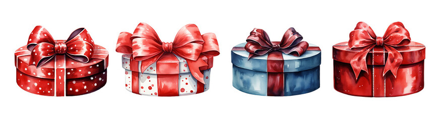 Gift boxes in red and blue with satin ribbon bows in watercolor style. A set for celebrating Christmas, Birthdays, Valentine's Day, and Mother's Day. Wedding or anniversary congratulations