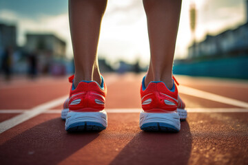 
Runner's legs in specialized running shoes stand on the starting line, ready for a running...