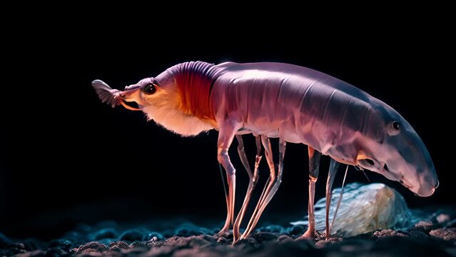 A zoomedin of a microscopic krill, a vital food source for many marine mammals, struggling to survive in increasingly acidic ocean waters. As the ocean becomes more acidic, it decreases