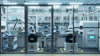 Robotic Arm Conveyor Line Manufacturing Industrial Electronic Devices. Automated AI Assembly Line Producing High-Tech Products for Information Technology Industry. Time-Lapse Dolly Style 3D Footage - Powered by Adobe