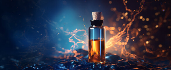 Musk essential oil in a bottle. Generative AI - obrazy, fototapety, plakaty