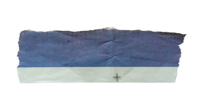 Long piece of torn newspaper with blue graphic